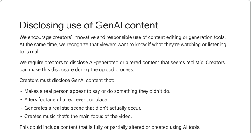 YouTube Help page titled Disclosing use of GenAI content, stating that YouTube requires creators to disclose AI-generated or altered content that seems realistic.