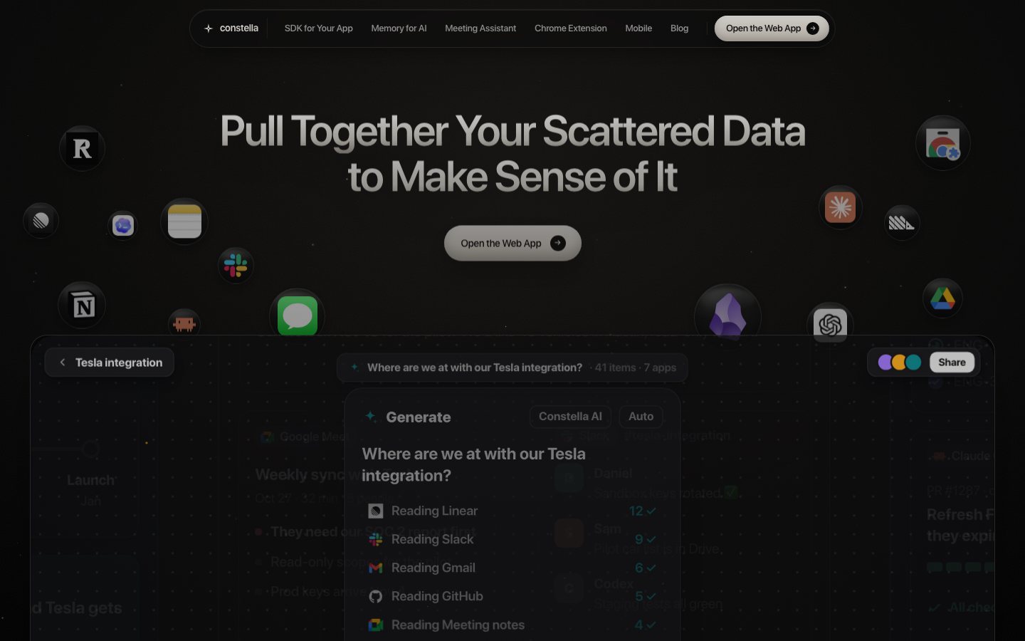 Constella: a canvas that reads Linear, Slack, Gmail, GitHub and meeting notes to answer a team's question