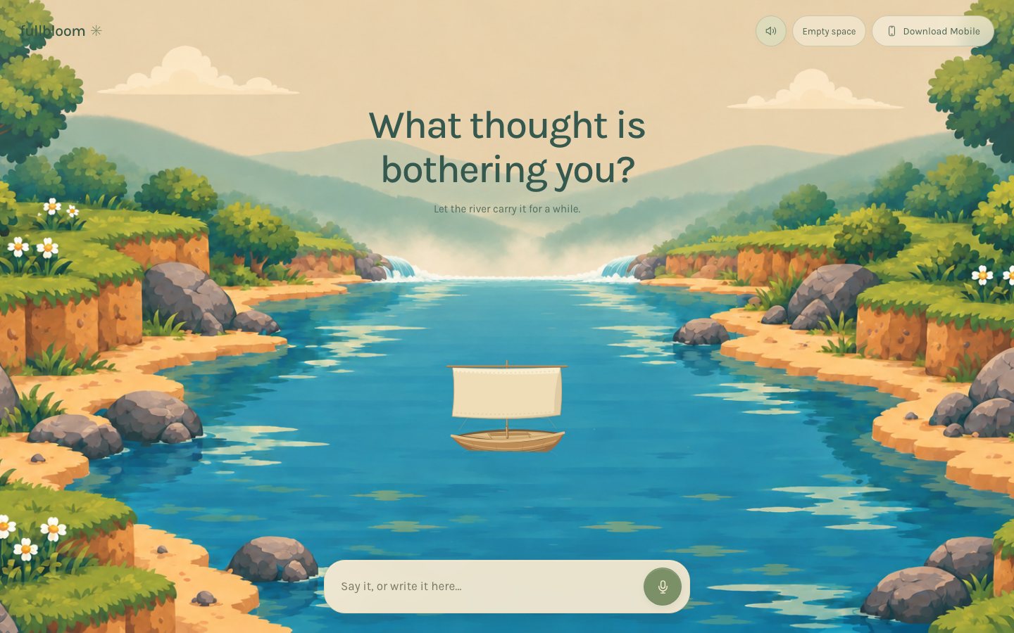 Fullbloom: a painted river with a small boat and the question, what thought is bothering you?