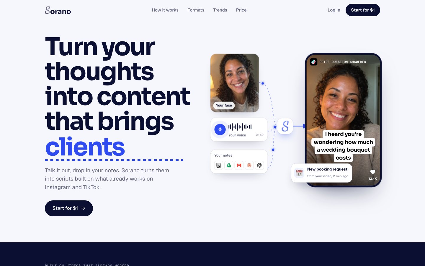 Sorano home page: turn your thoughts into content that brings clients